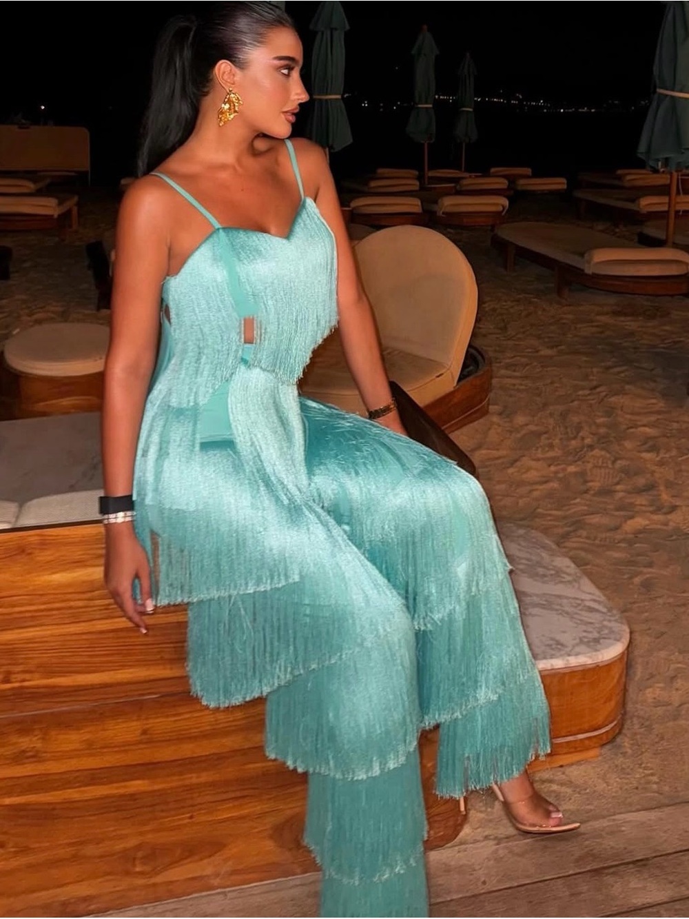 Aqua Fringe Spaghetti-Strap 2 pc set